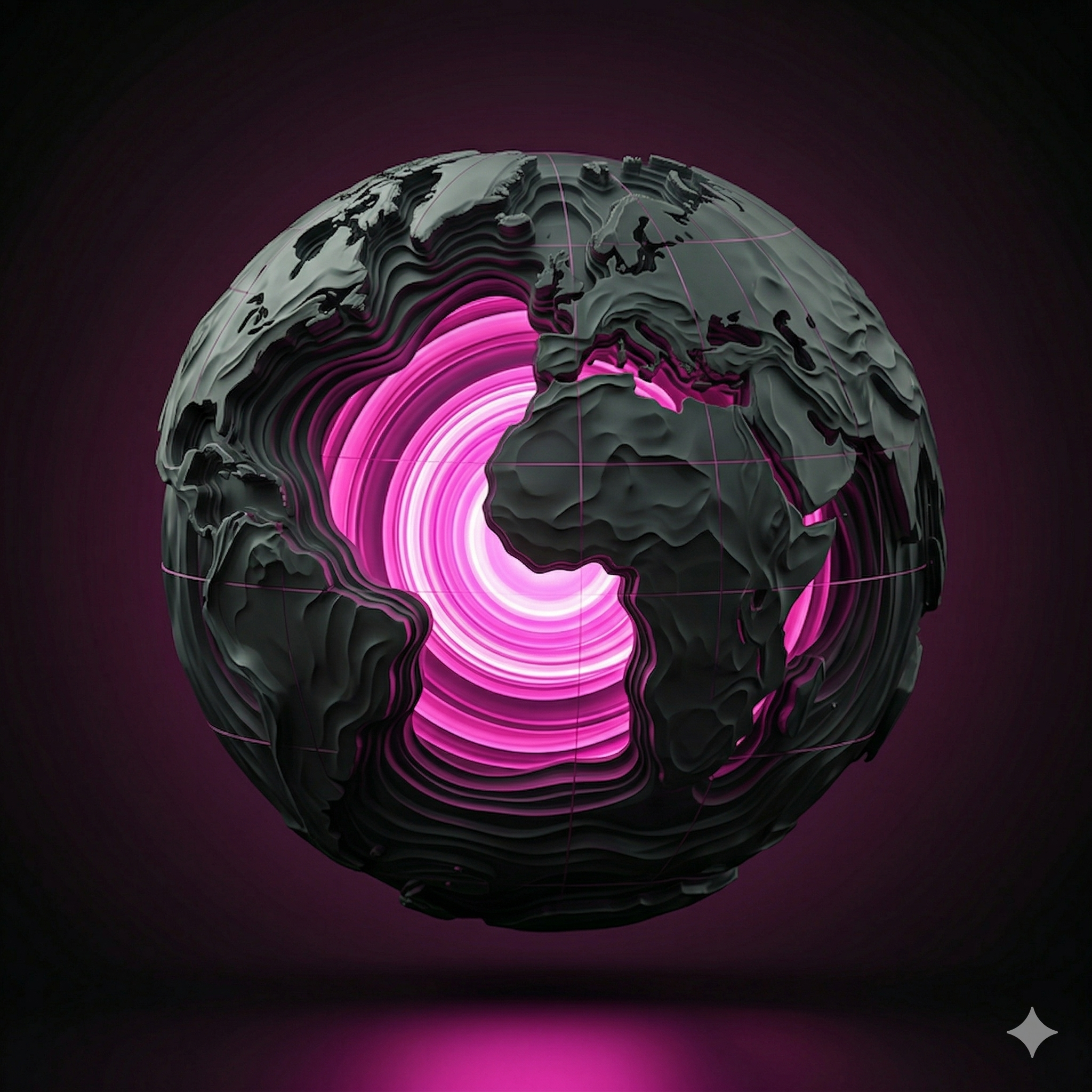 Abstract 3D digital obsidian structure glowing purple
